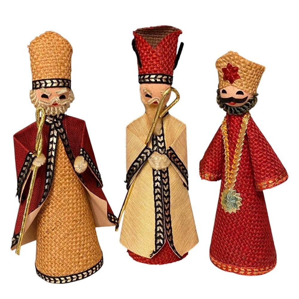 Three Kings Mid Century Modern Christmas Vintage Hand Made Nativity Set of Three